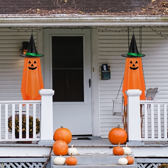 LINAYE; 2 Pack Halloween Hanging Pumpkin Decorations Decor Pumpkin Ghost Orange Cute Pumpkin Decorations Decor for Kids Outdoor Outside Garden Tree; Category:Pumpkin Decor; Image:1